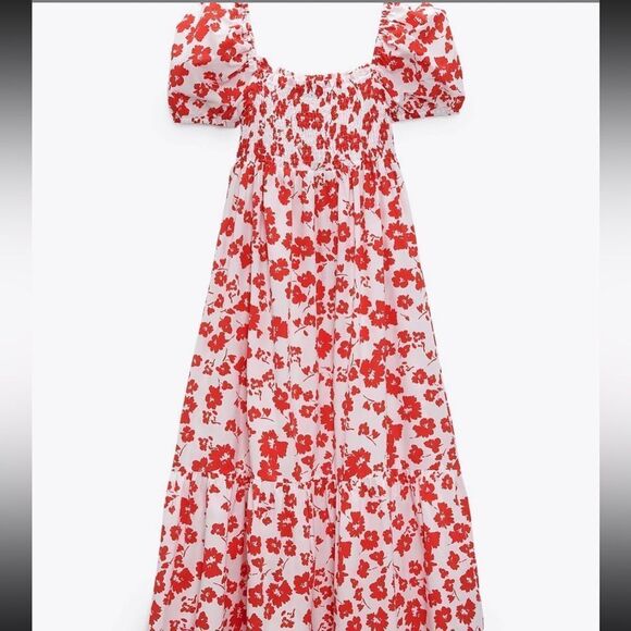 ZARA Floral Print Puff Sleeve Summer Midi Dress - Picture 13 of 14